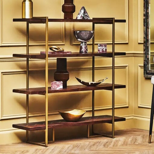Antique Gold Brass And Brown Chevron Acacia Wood 4 Tier Shelving Unit