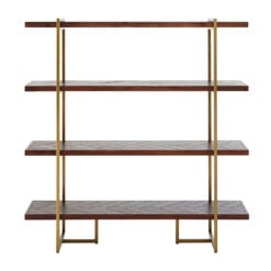 Antique Gold Brass And Brown Chevron Acacia Wood 4 Tier Shelving Unit