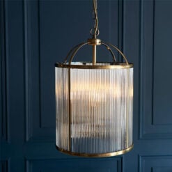 Antique Gold Brass And Ribbed Glass 4 Light Ceiling Pendant Chandelier 30cm