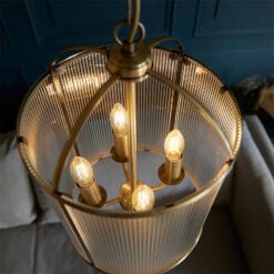 Antique Gold Brass And Ribbed Glass 4 Light Ceiling Pendant Chandelier 30cm