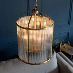 Antique Gold Brass And Ribbed Glass 4 Light Ceiling Pendant Chandelier 30cm