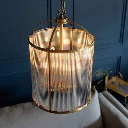 Antique Gold Brass And Ribbed Glass 4 Light Ceiling Pendant Chandelier 30cm