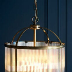 Antique Gold Brass And Ribbed Glass 4 Light Ceiling Pendant Chandelier 30cm