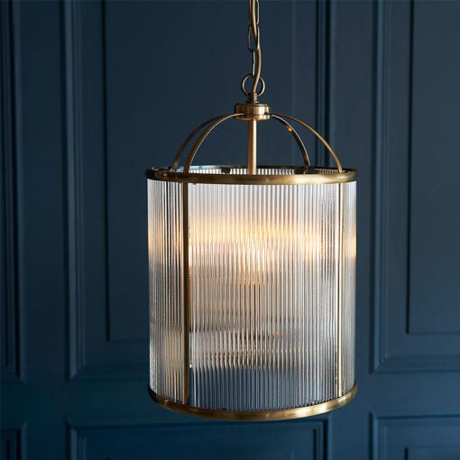 Antique Gold Brass And Ribbed Glass 4 Light Ceiling Pendant Chandelier 30cm