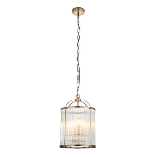 Antique Gold Brass And Ribbed Glass 4 Light Ceiling Pendant Chandelier 30cm