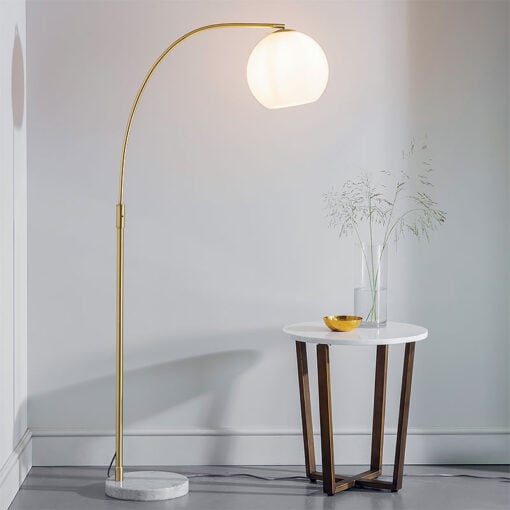 Antique Gold Brass And White Glass And Marble Curved Arc Floor Lamp 170cm