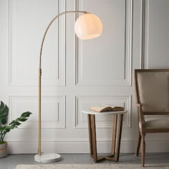 Antique Gold Brass And White Glass And Marble Curved Arc Floor Lamp 170cm