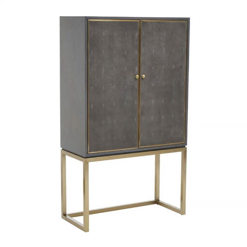 Art Deco 2 Door Grey Wood And Gold Metal Tall Sideboard Cabinet