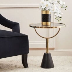 Art Deco Black Glass And Black Marble Side Table With Gold Metal Base