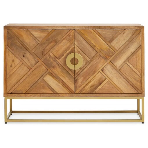 Art Deco Boho 2 Door Light Brown Mango Wood And Gold Metal Sideboard