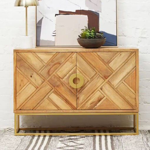 Art Deco Boho 2 Door Light Brown Mango Wood And Gold Metal Sideboard