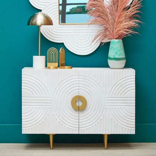 Art Deco Boho 2 Door White Mango Wood And Gold Metal Sideboard