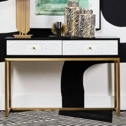 Art Deco Boho 2 Drawer Black And White Wood And Gold Metal Console Table