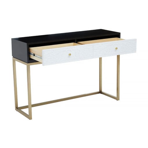 Art Deco Boho 2 Drawer Black And White Wood And Gold Metal Console Table