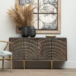 Art Deco Boho 4 Door Large Brown Mango Wood And Gold Metal Sideboard