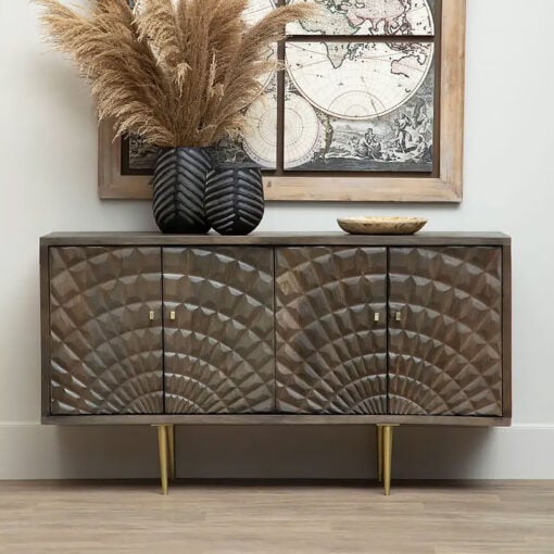 Art Deco Boho 4 Door Large Brown Mango Wood And Gold Metal Sideboard