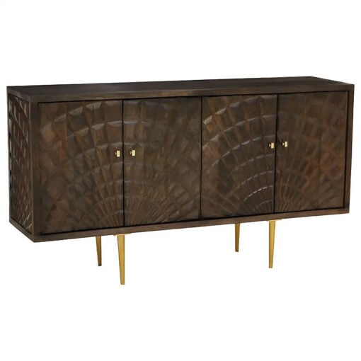 Art Deco Boho 4 Door Large Brown Mango Wood And Gold Metal Sideboard