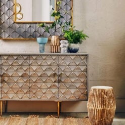 Art Deco Boho 4 Door Large Mango Wood And Gold Metal Sideboard