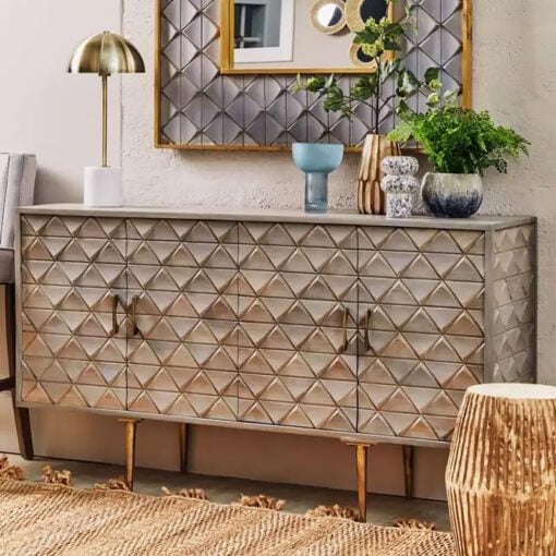 Art Deco Boho 4 Door Large Mango Wood And Gold Metal Sideboard