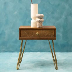 Art Deco Boho Brown Wood And Gold Metal 1 Drawer Side Bedside Table