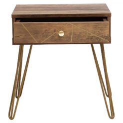 Art Deco Boho Brown Wood And Gold Metal 1 Drawer Side Bedside Table