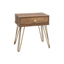 Art Deco Boho Brown Wood And Gold Metal 1 Drawer Side Bedside Table