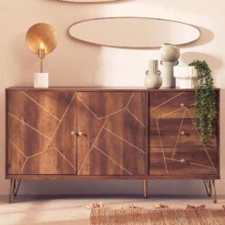 Art Deco Boho Brown Wood And Gold Metal 2 Door 3 Drawer Sideboard Cabinet
