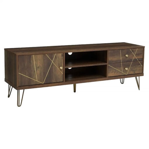 Art Deco Boho Brown Wood And Gold Metal 2 Drawer 1 Door TV Stand 150cm