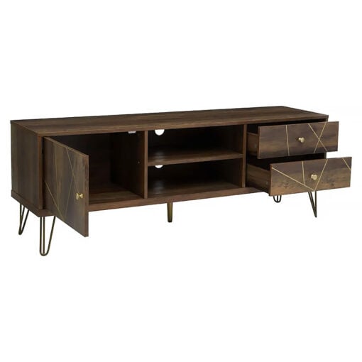 Art Deco Boho Brown Wood And Gold Metal 2 Drawer 1 Door TV Stand 150cm