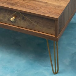 Art Deco Boho Brown Wood And Gold Metal 2 Storage Drawer Coffee Table