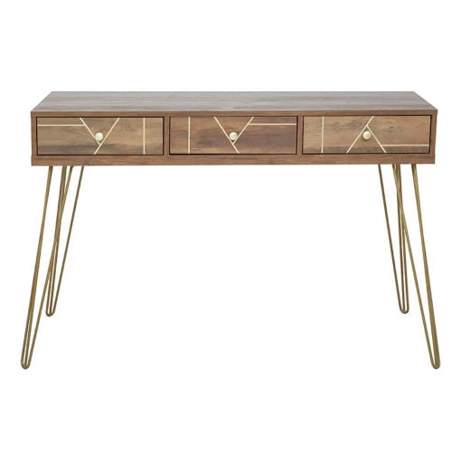 Art Deco Boho Brown Wood And Gold Metal 3 Drawer Desk Console Table