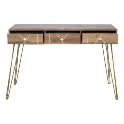 Art Deco Boho Brown Wood And Gold Metal 3 Drawer Desk Console Table