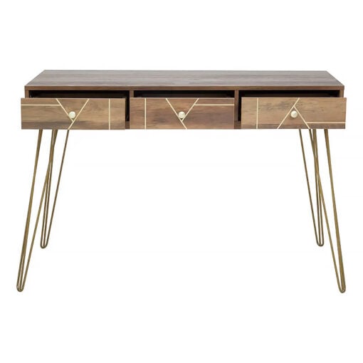 Art Deco Boho Brown Wood And Gold Metal 3 Drawer Desk Console Table