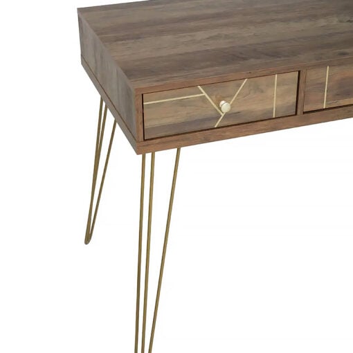 Art Deco Boho Brown Wood And Gold Metal 3 Drawer Desk Console Table