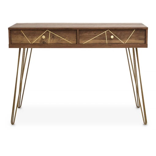 Art Deco Boho Brown Wood And Gold Metal Slim 2 Drawer Console Table