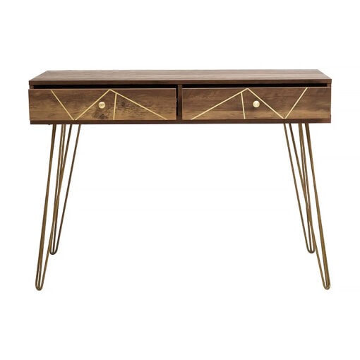 Art Deco Boho Brown Wood And Gold Metal Slim 2 Drawer Console Table