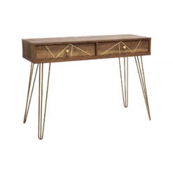 Art Deco Boho Brown Wood And Gold Metal Slim 2 Drawer Console Table