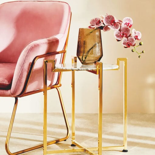 Art Deco Boho Pink Velvet And Gold Metal Tub Armchair Accent Chair