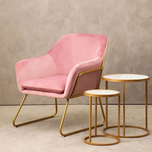 Art Deco Boho Pink Velvet And Gold Metal Tub Armchair Accent Chair