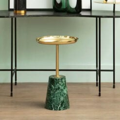 Art Deco Boho Round Gold Side Table With Green Marble Effect Base