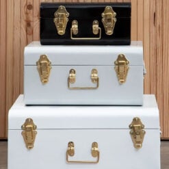 Art Deco Boho Set Of 3 Storage Trunks In Black White Grey And Gold Metal