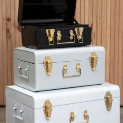 Art Deco Boho Set Of 3 Storage Trunks In Black White Grey And Gold Metal