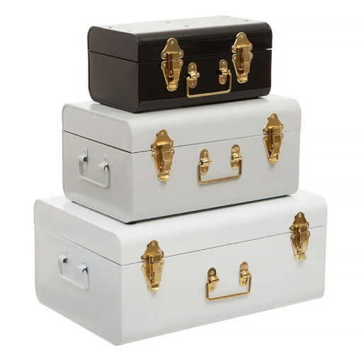 Art Deco Boho Set Of 3 Storage Trunks In Black White Grey And Gold Metal