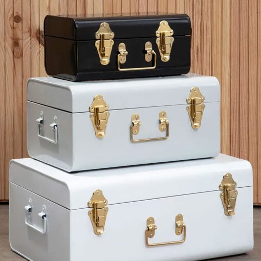 Art Deco Boho Set Of 3 Storage Trunks In Black White Grey And Gold Metal