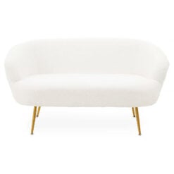 Art Deco Boho Teddy White Boucle 2 Seater Sofa With Gold Metal Legs