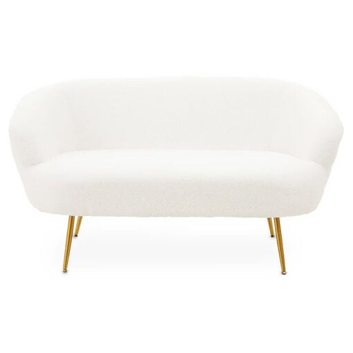 Art Deco Boho Teddy White Boucle 2 Seater Sofa With Gold Metal Legs