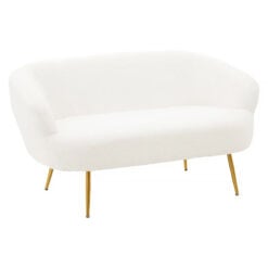 Art Deco Boho Teddy White Boucle 2 Seater Sofa With Gold Metal Legs