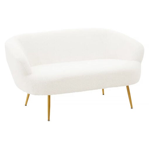 Art Deco Boho Teddy White Boucle 2 Seater Sofa With Gold Metal Legs