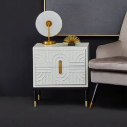 Art Deco Boho White Wood And Gold Metal 2 Drawer Bedside Cabinet Side Table