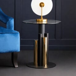 Art Deco Clear Glass Side Table With Black And Gold Metal Base